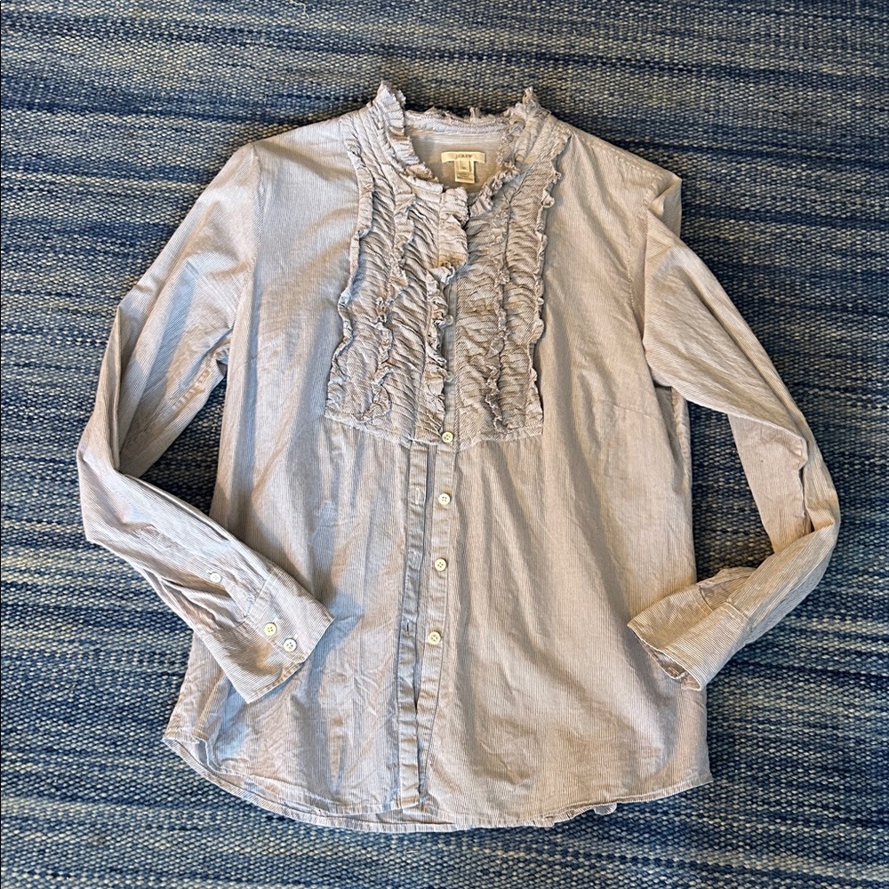 Grey and White J Crew Ruffle Blouse